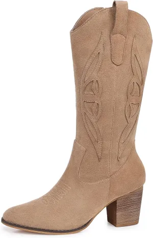 SHIBEVER Cowboy Boots for Women 2025: Black Mid Calf Cowgirl Boots Western Embroidered Country High Heel Round Toe Booties