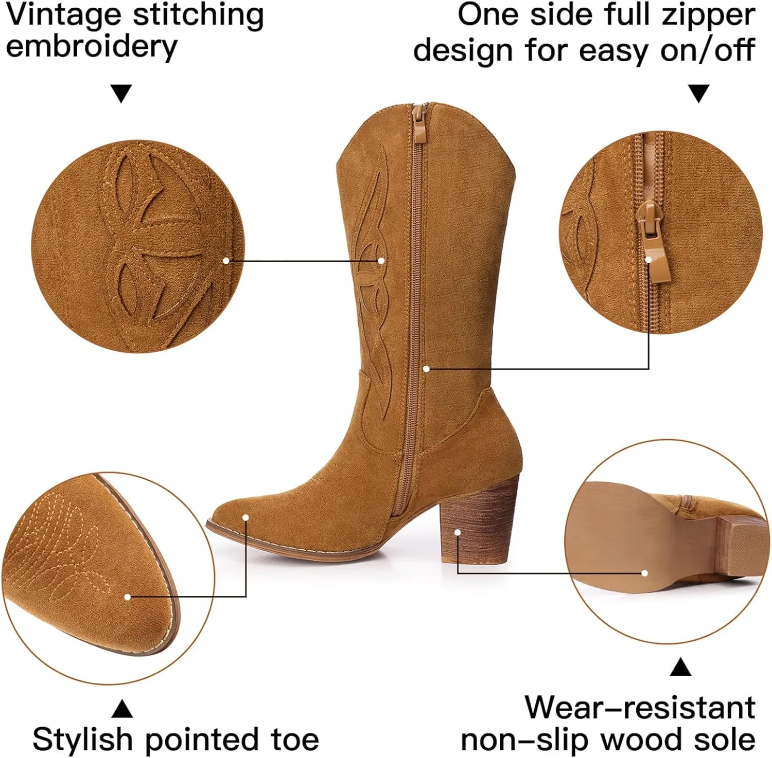 SHIBEVER Cowboy Boots for Women 2025: Black Mid Calf Cowgirl Boots Western Embroidered Country High Heel Round Toe Booties