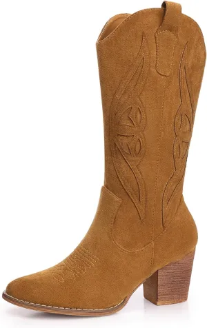 SHIBEVER Cowboy Boots for Women 2025: Black Mid Calf Cowgirl Boots Western Embroidered Country High Heel Round Toe Booties