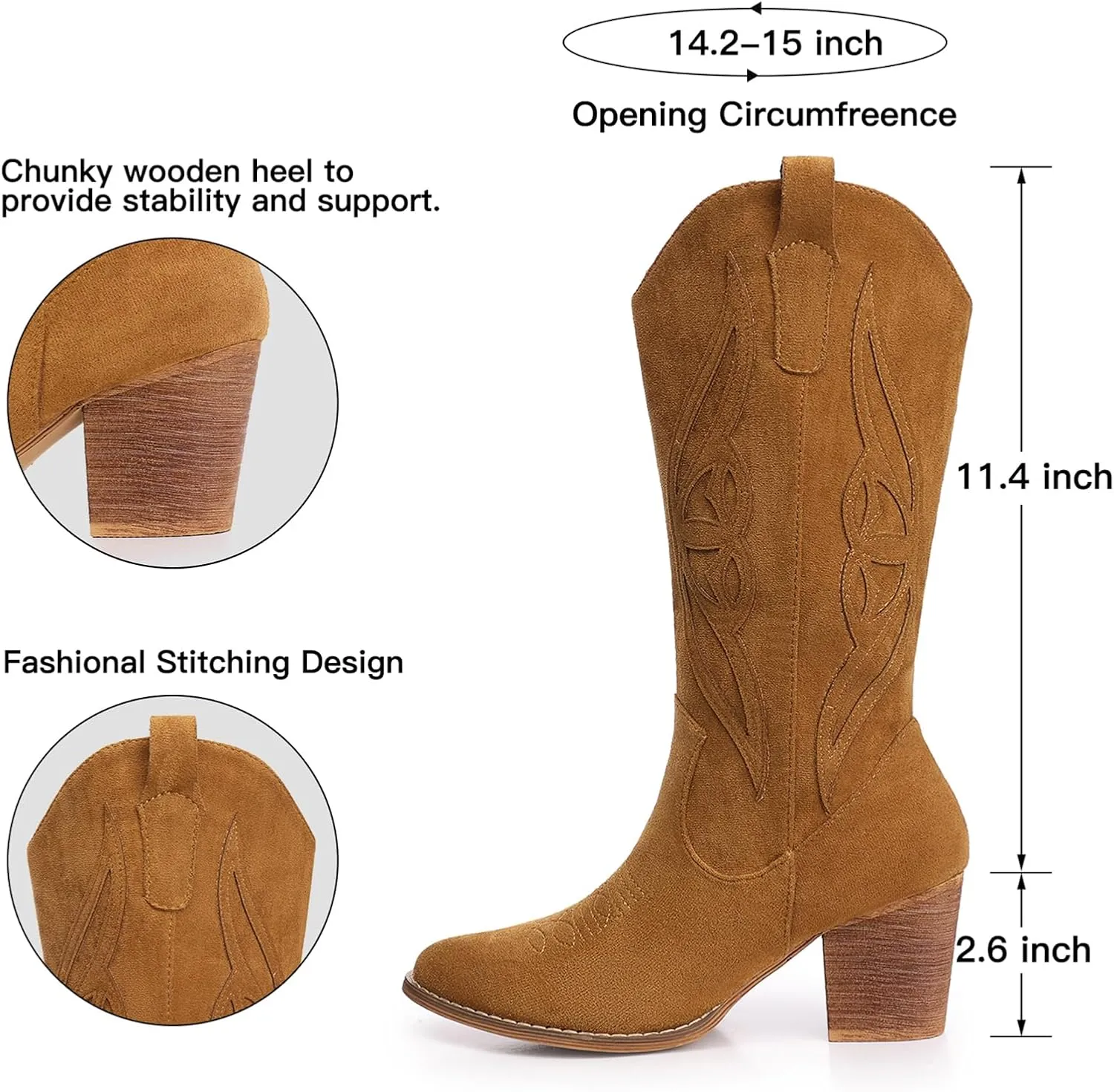 SHIBEVER Cowboy Boots for Women 2025: Black Mid Calf Cowgirl Boots Western Embroidered Country High Heel Round Toe Booties