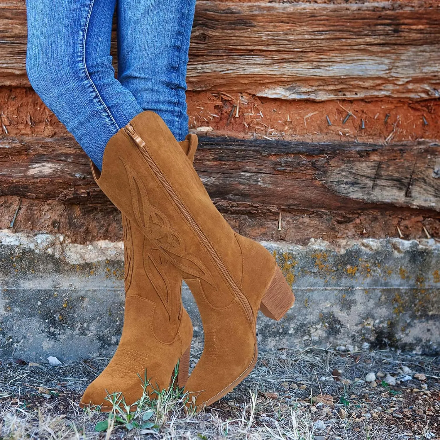 SHIBEVER Cowboy Boots for Women 2025: Black Mid Calf Cowgirl Boots Western Embroidered Country High Heel Round Toe Booties