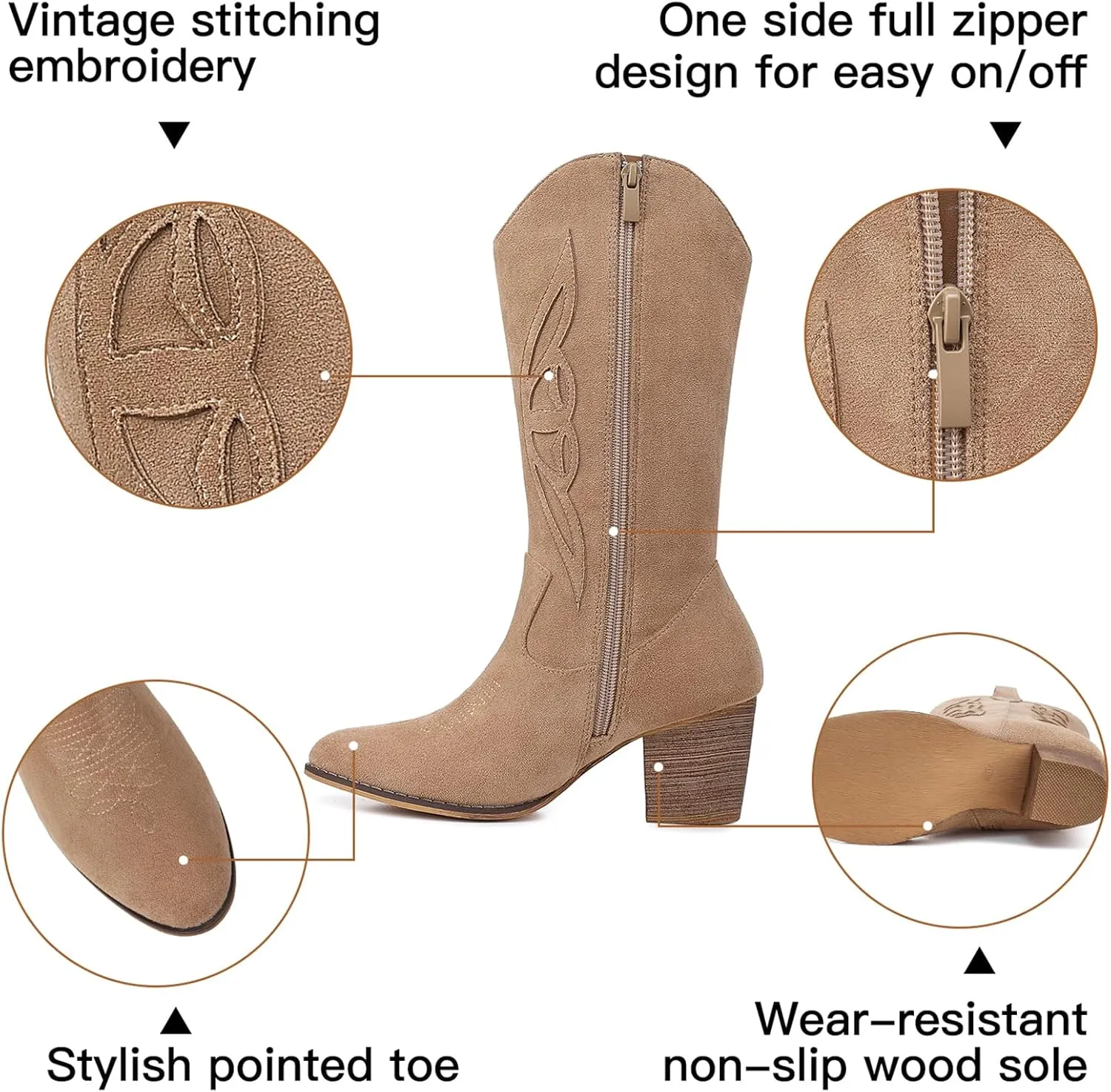 SHIBEVER Cowboy Boots for Women 2025: Black Mid Calf Cowgirl Boots Western Embroidered Country High Heel Round Toe Booties