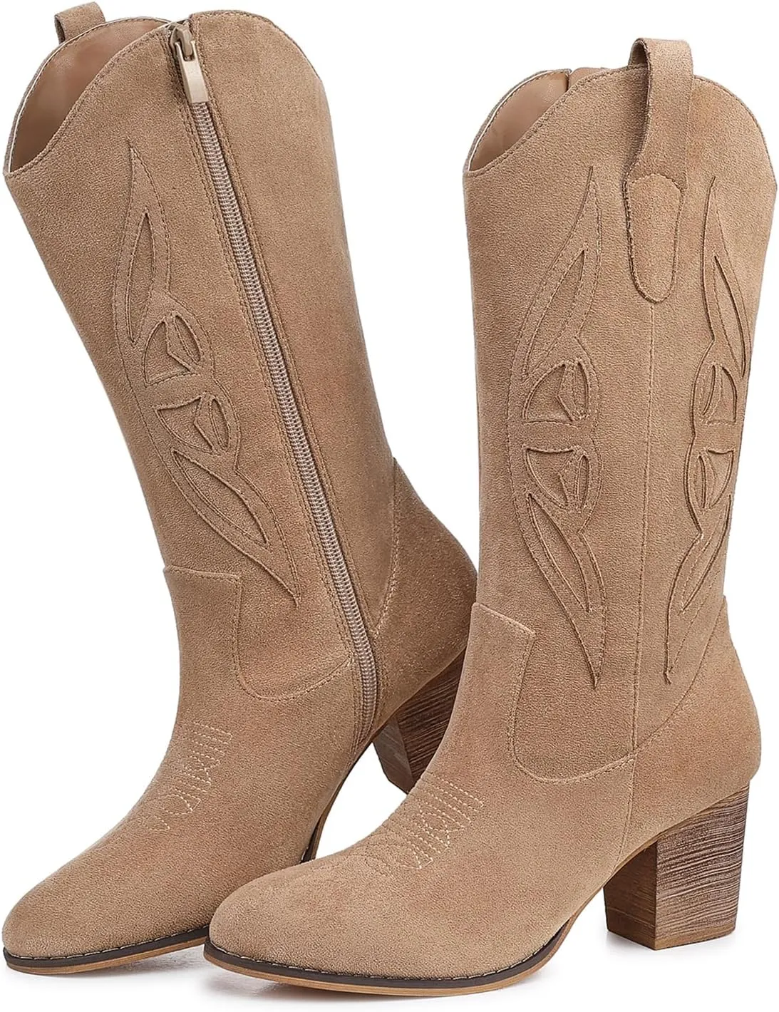 SHIBEVER Cowboy Boots for Women 2025: Black Mid Calf Cowgirl Boots Western Embroidered Country High Heel Round Toe Booties