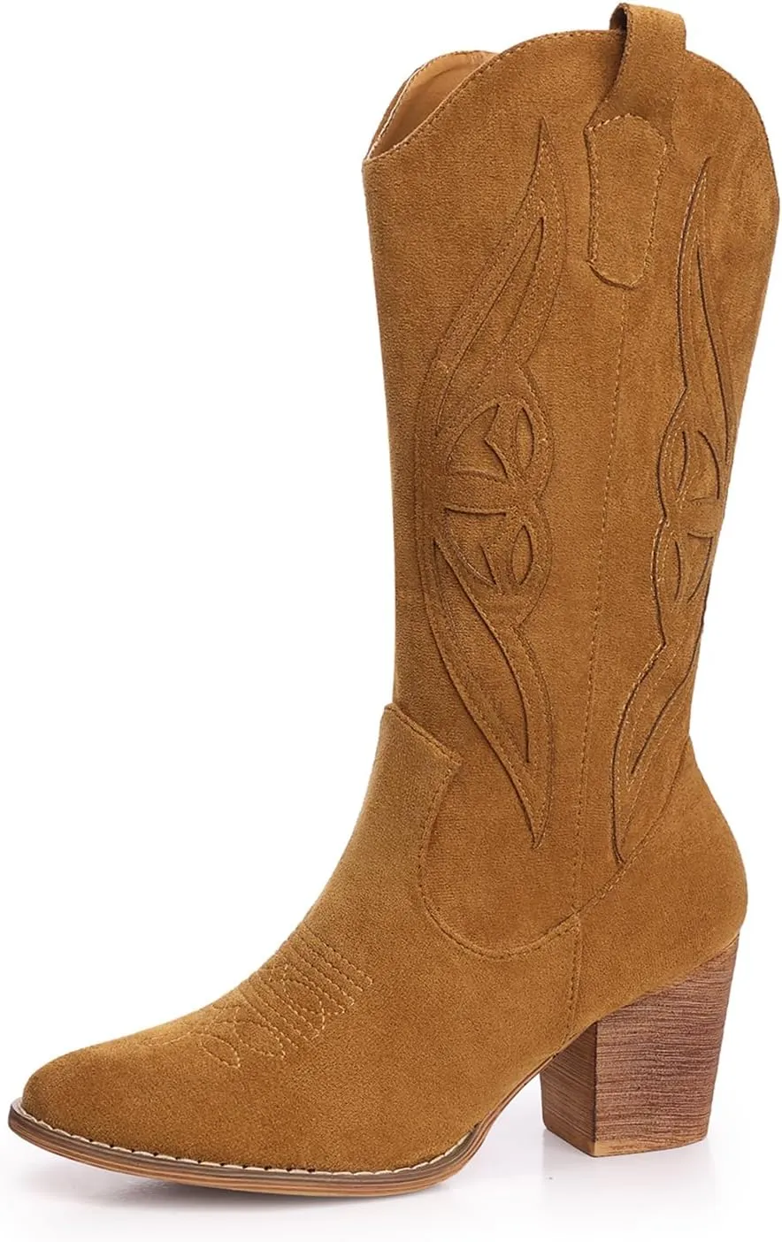 SHIBEVER Cowboy Boots for Women 2025: Black Mid Calf Cowgirl Boots Western Embroidered Country High Heel Round Toe Booties