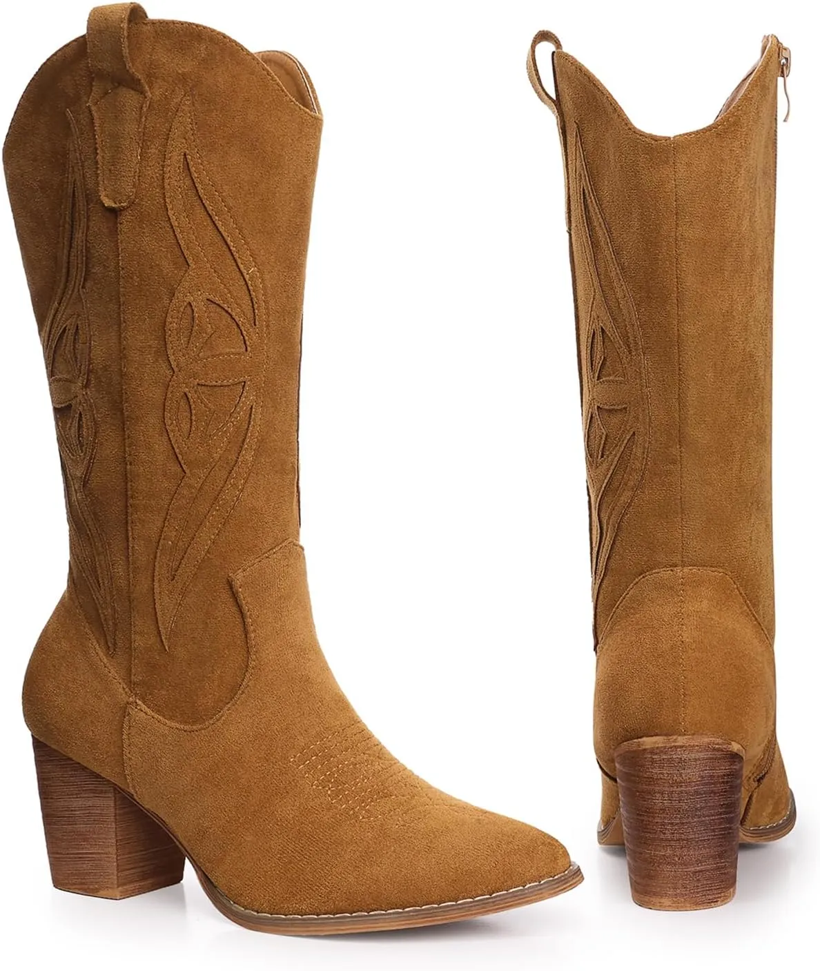 SHIBEVER Cowboy Boots for Women 2025: Black Mid Calf Cowgirl Boots Western Embroidered Country High Heel Round Toe Booties