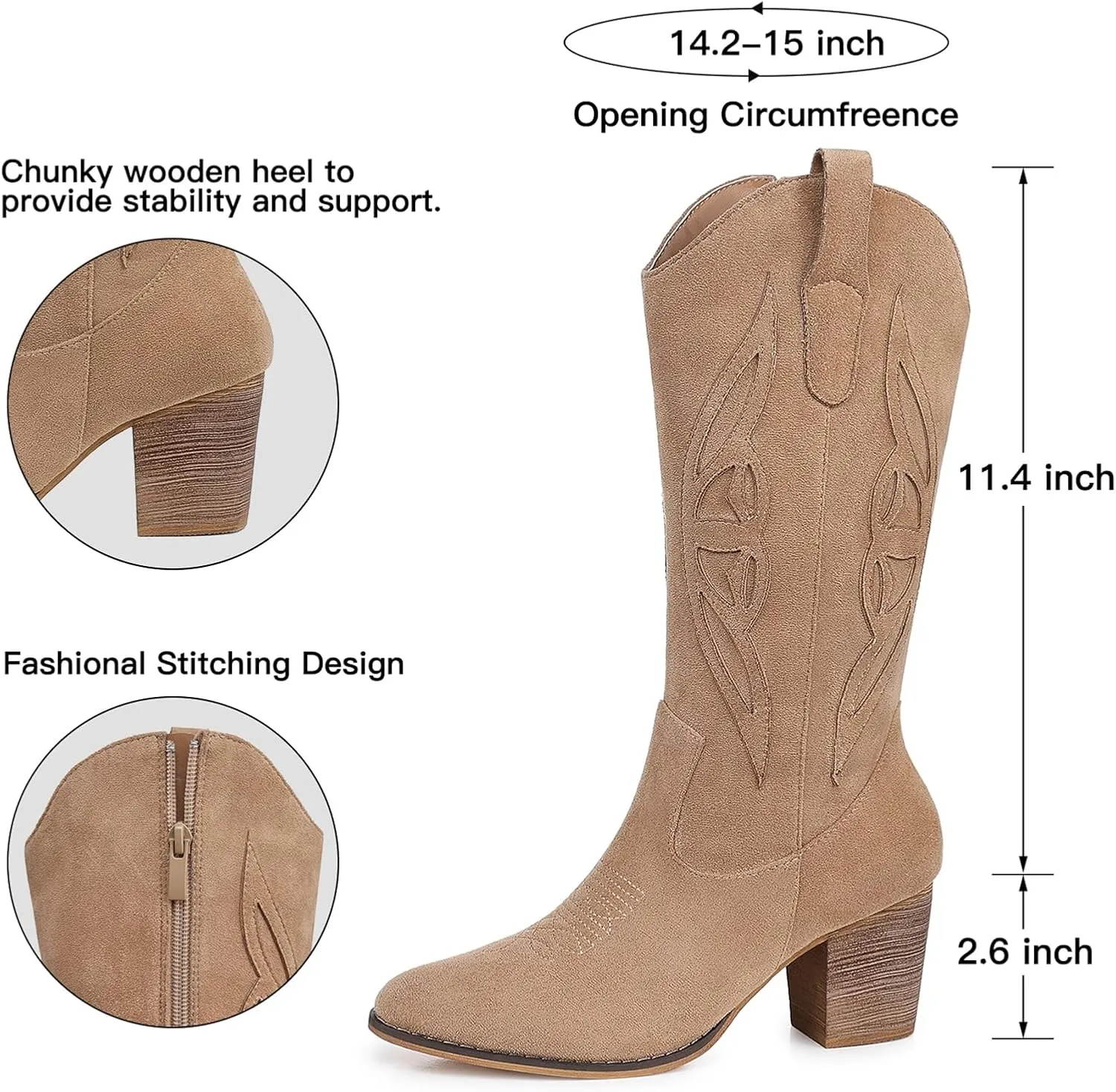SHIBEVER Cowboy Boots for Women 2025: Black Mid Calf Cowgirl Boots Western Embroidered Country High Heel Round Toe Booties