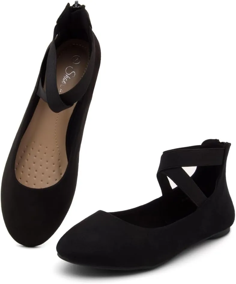 Shoe Land Women's Flats ?C Dressy & Casual Almond Toe Flat Shoes with Elastic Ankle Strap, Comfortable Slip-On Ballet Flats for Work, Office & Special Occasions
