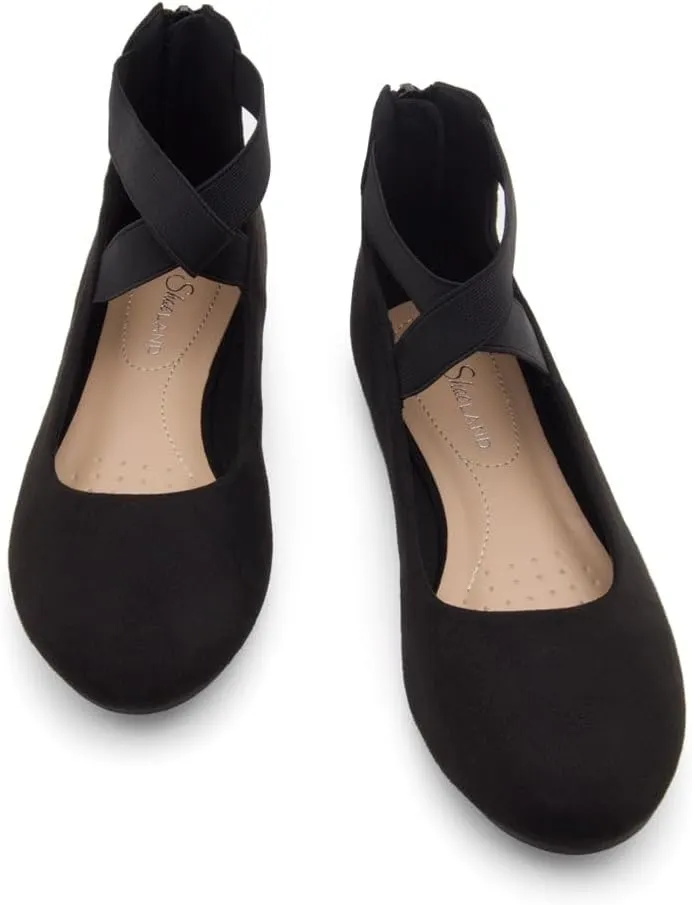 Shoe Land Women's Flats ?C Dressy & Casual Almond Toe Flat Shoes with Elastic Ankle Strap, Comfortable Slip-On Ballet Flats for Work, Office & Special Occasions