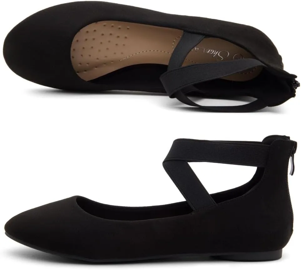 Shoe Land Women's Flats ?C Dressy & Casual Almond Toe Flat Shoes with Elastic Ankle Strap, Comfortable Slip-On Ballet Flats for Work, Office & Special Occasions