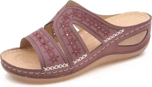 Smoneyful Womens 2025 Orthopedic Sandals Arch Support Wedge for Summer Casual Wear Slip on Vintage Flats Style