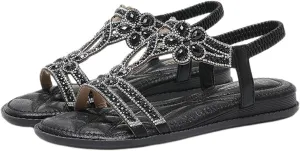 Smoneyful Womens 2025 Trending Rhinestone Flat Sandals Sparkly Dressy for Wedding Bride Summer Beach Casual Wear