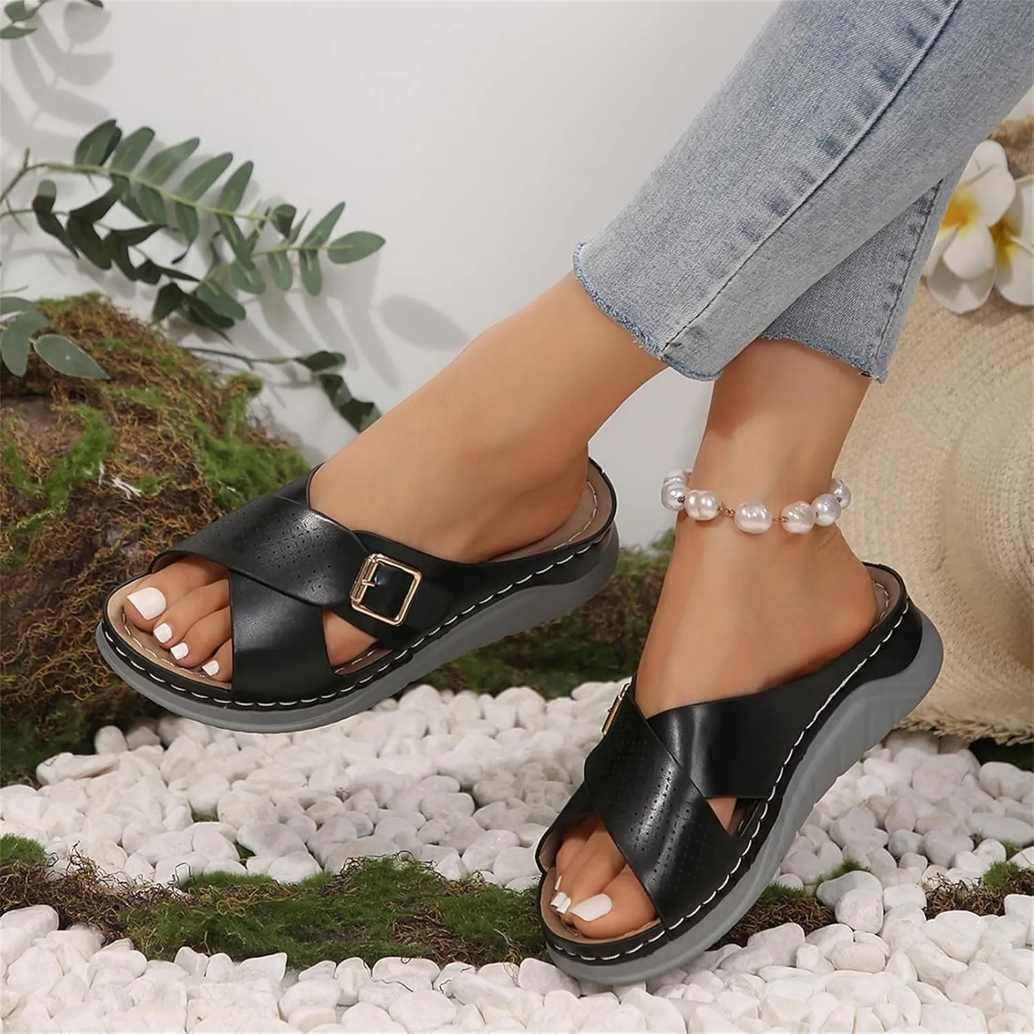 Smoneyful Womens Comfortable Sandals Buckle Strap Vamp Wedge Orthotic Orthopedic Arch Support Walking Slides Sandals