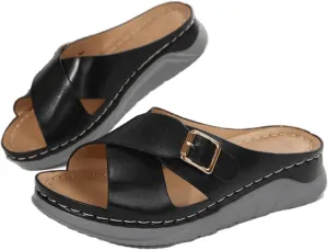 Smoneyful Womens Comfortable Sandals Buckle Strap Vamp Wedge Orthotic Orthopedic Arch Support Walking Slides Sandals