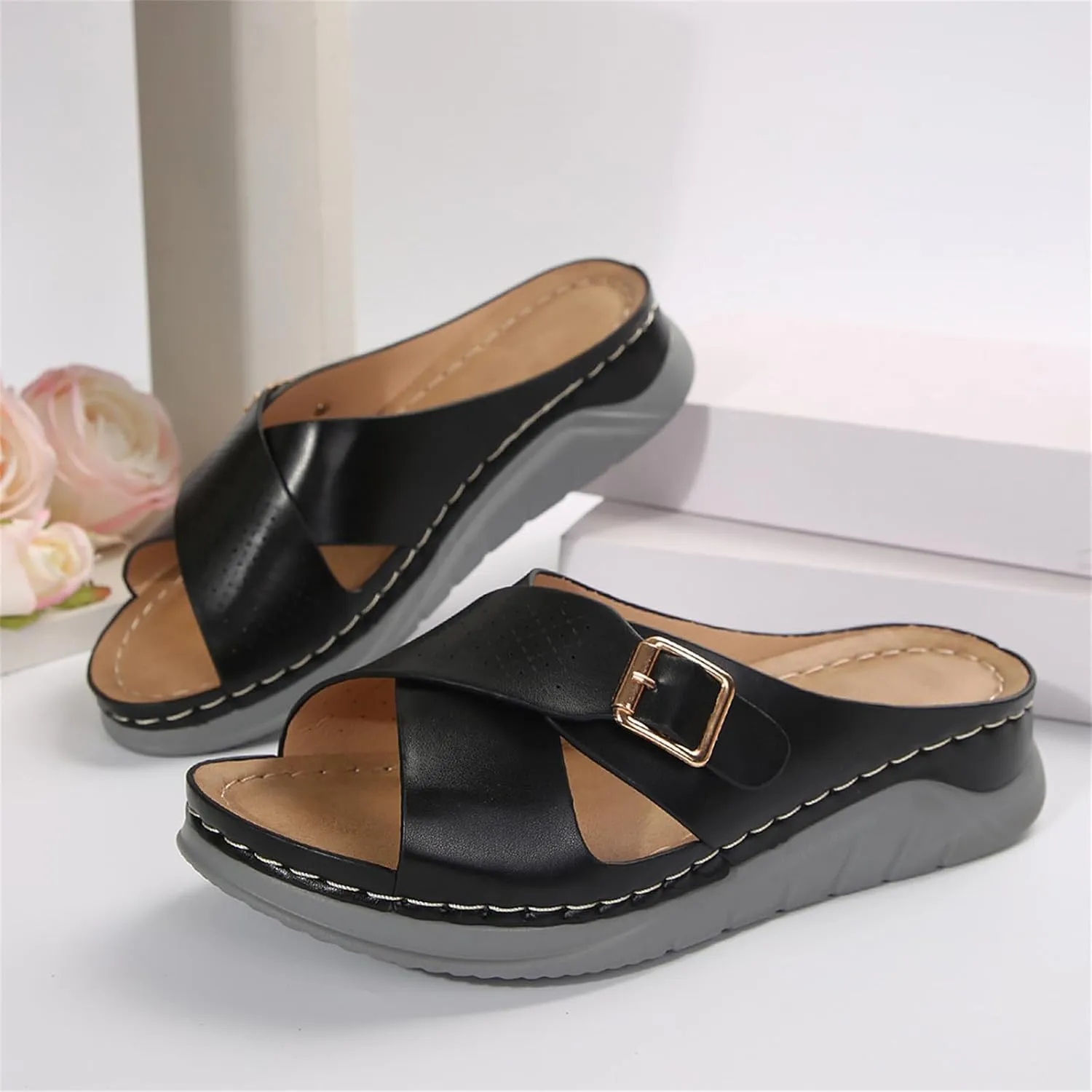 Smoneyful Womens Comfortable Sandals Buckle Strap Vamp Wedge Orthotic Orthopedic Arch Support Walking Slides Sandals