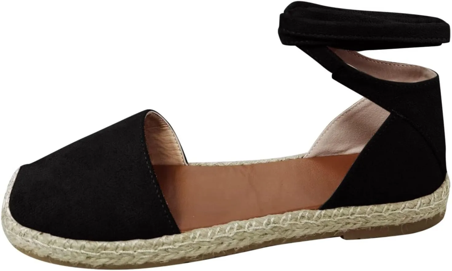 Smoneyful Women's Summer Close Toed Flat Strap Lace Up Linen Vintage Cover Heel Espadrille Straw Solid Closed Covered Toe Beach Sandals