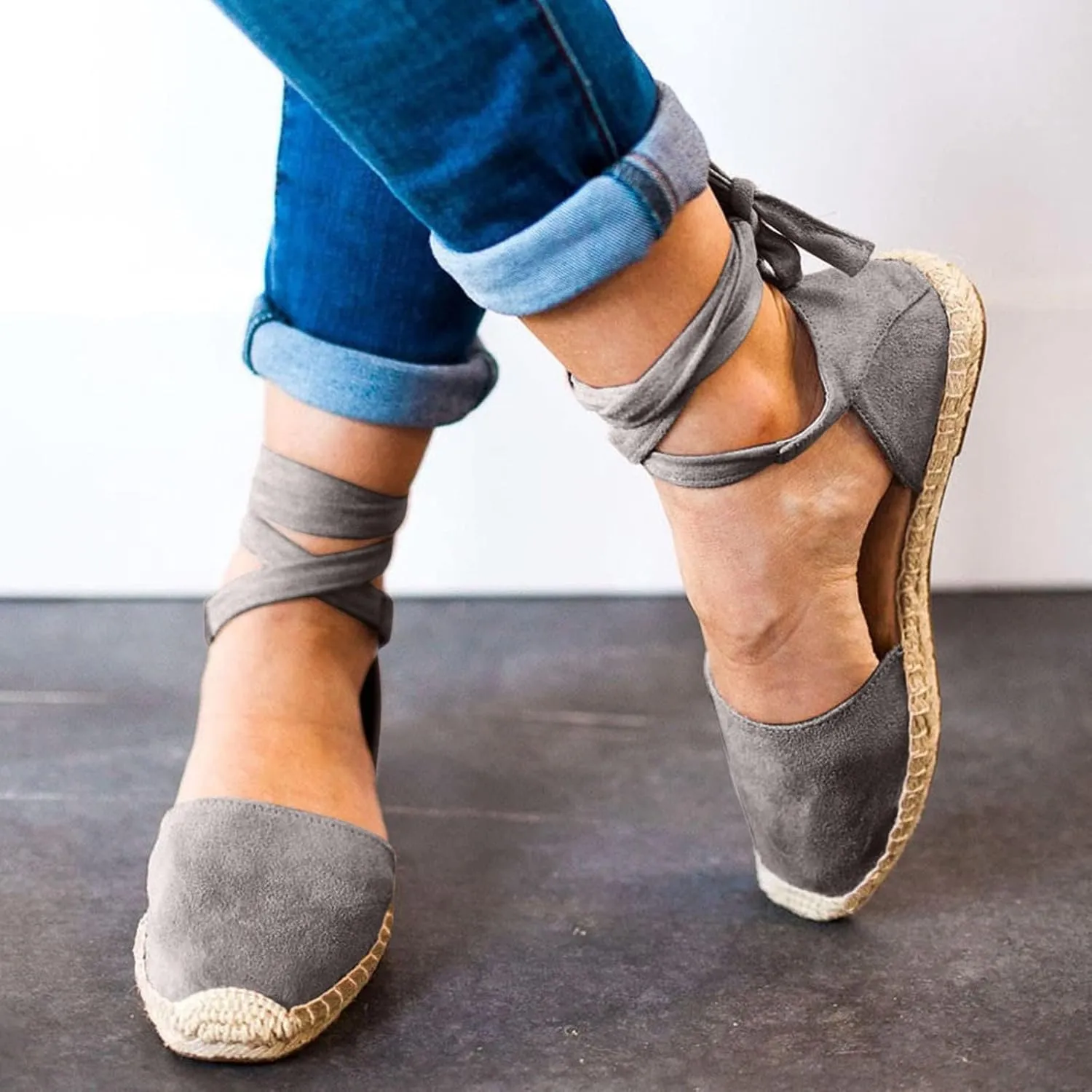 Smoneyful Women's Summer Close Toed Flat Strap Lace Up Linen Vintage Cover Heel Espadrille Straw Solid Closed Covered Toe Beach Sandals