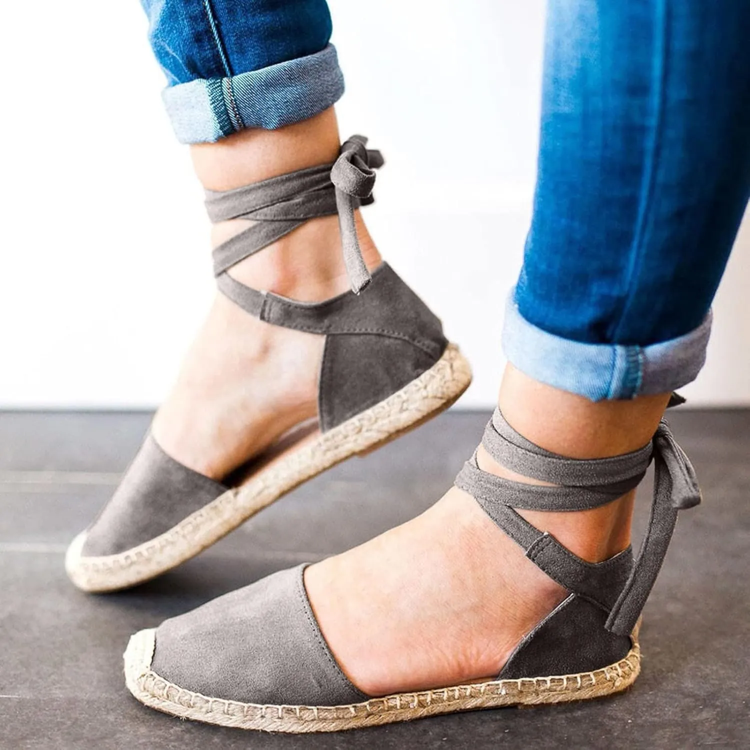Smoneyful Women's Summer Close Toed Flat Strap Lace Up Linen Vintage Cover Heel Espadrille Straw Solid Closed Covered Toe Beach Sandals
