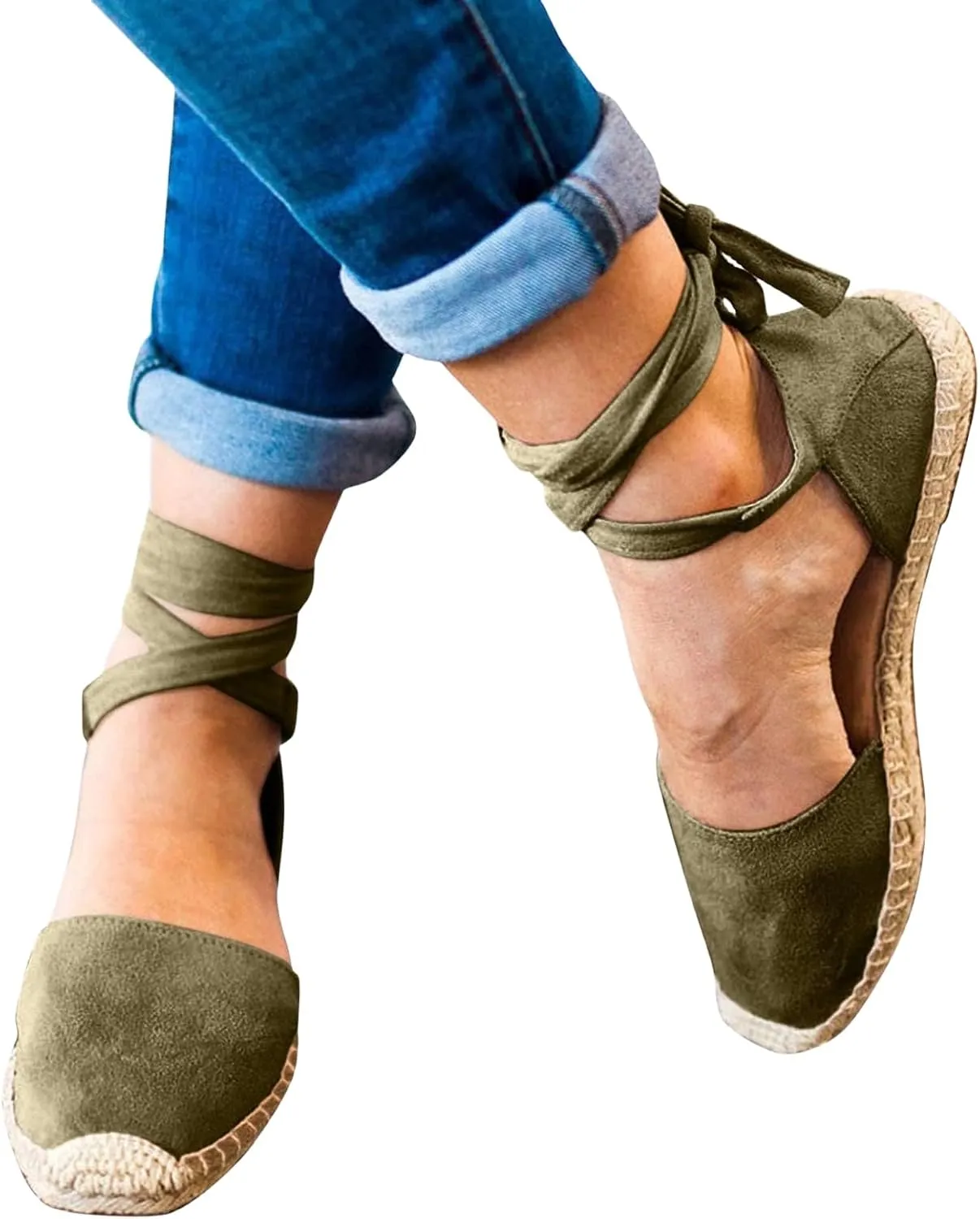 Smoneyful Women's Summer Close Toed Flat Strap Lace Up Linen Vintage Cover Heel Espadrille Straw Solid Closed Covered Toe Beach Sandals