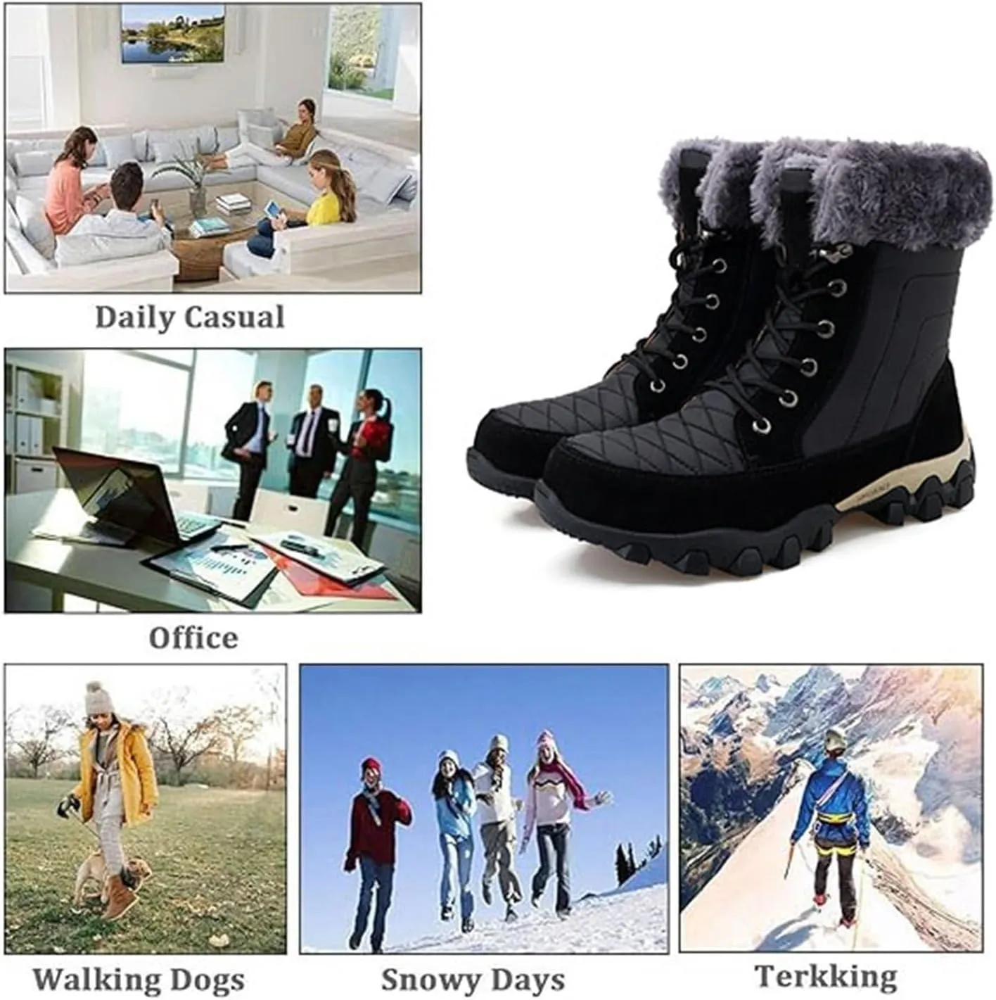 Snow Boots for Men, Winter Outdoor Warm Ankle Fully Fur Lined Anti-slip Waterproof Comfortable Hiking Boots, for Trekking Rubber Sole Durable Hiking Boots