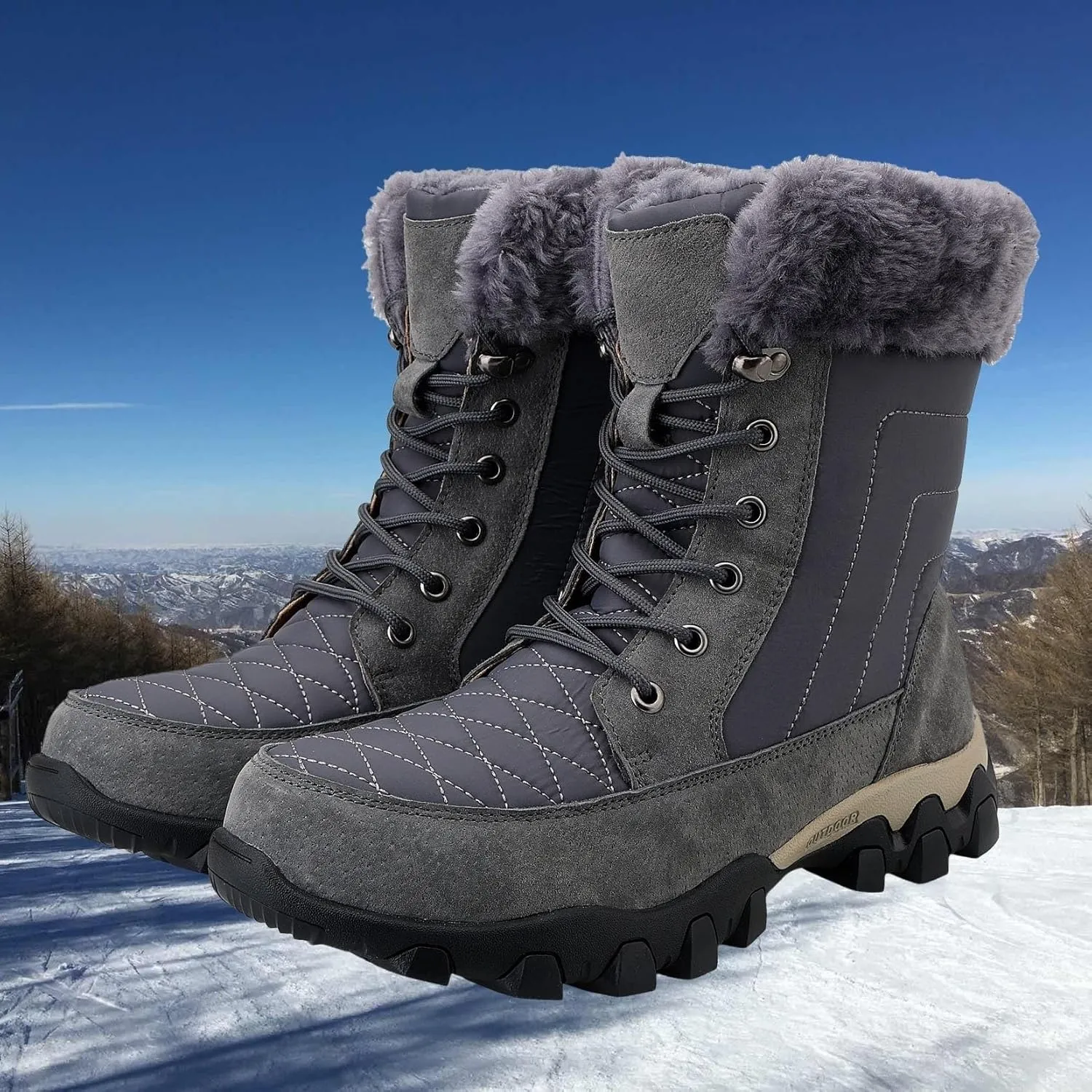 Snow Boots for Men, Winter Outdoor Warm Ankle Fully Fur Lined Anti-slip Waterproof Comfortable Hiking Boots, for Trekking Rubber Sole Durable Hiking Boots
