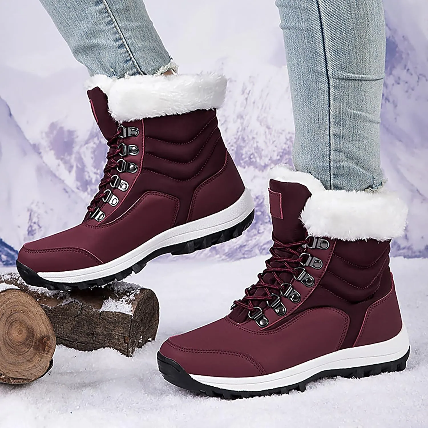 Snow Boots for Women Warm Winter Boots Lace Up Ankle Boots Waterproof Mid Calf Boots for Walking Hiking