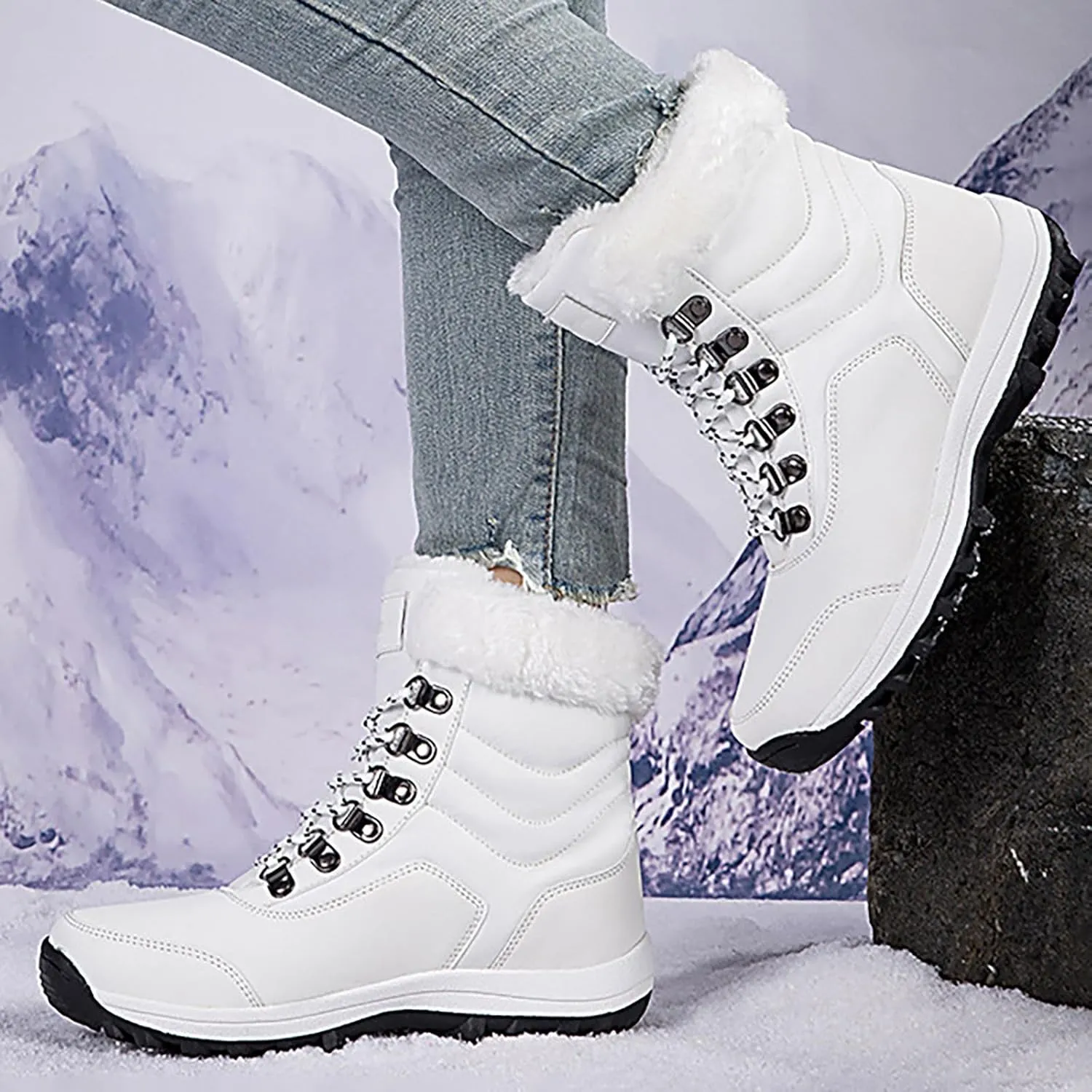 Snow Boots for Women Warm Winter Boots Lace Up Ankle Boots Waterproof Mid Calf Boots for Walking Hiking