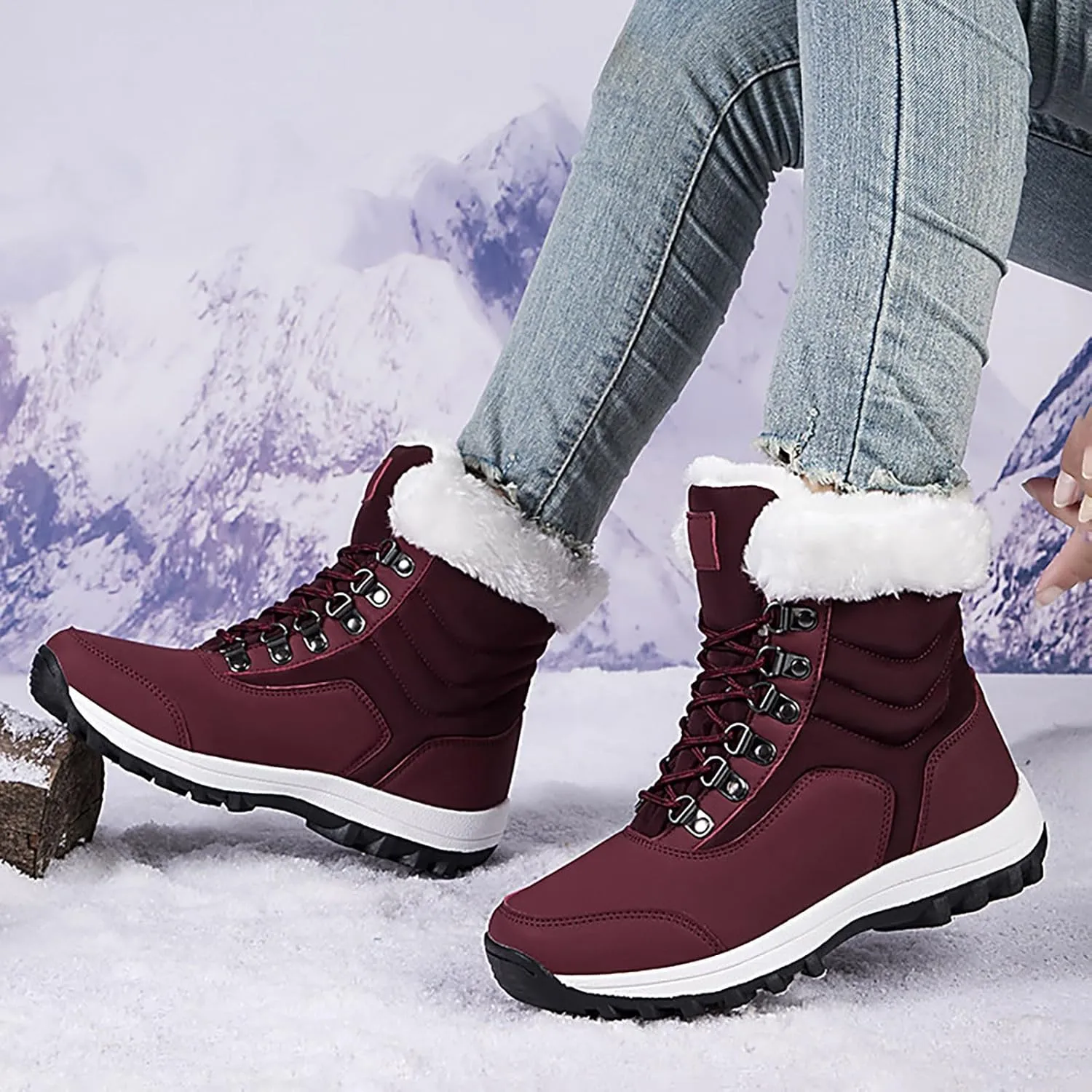 Snow Boots for Women Warm Winter Boots Lace Up Ankle Boots Waterproof Mid Calf Boots for Walking Hiking