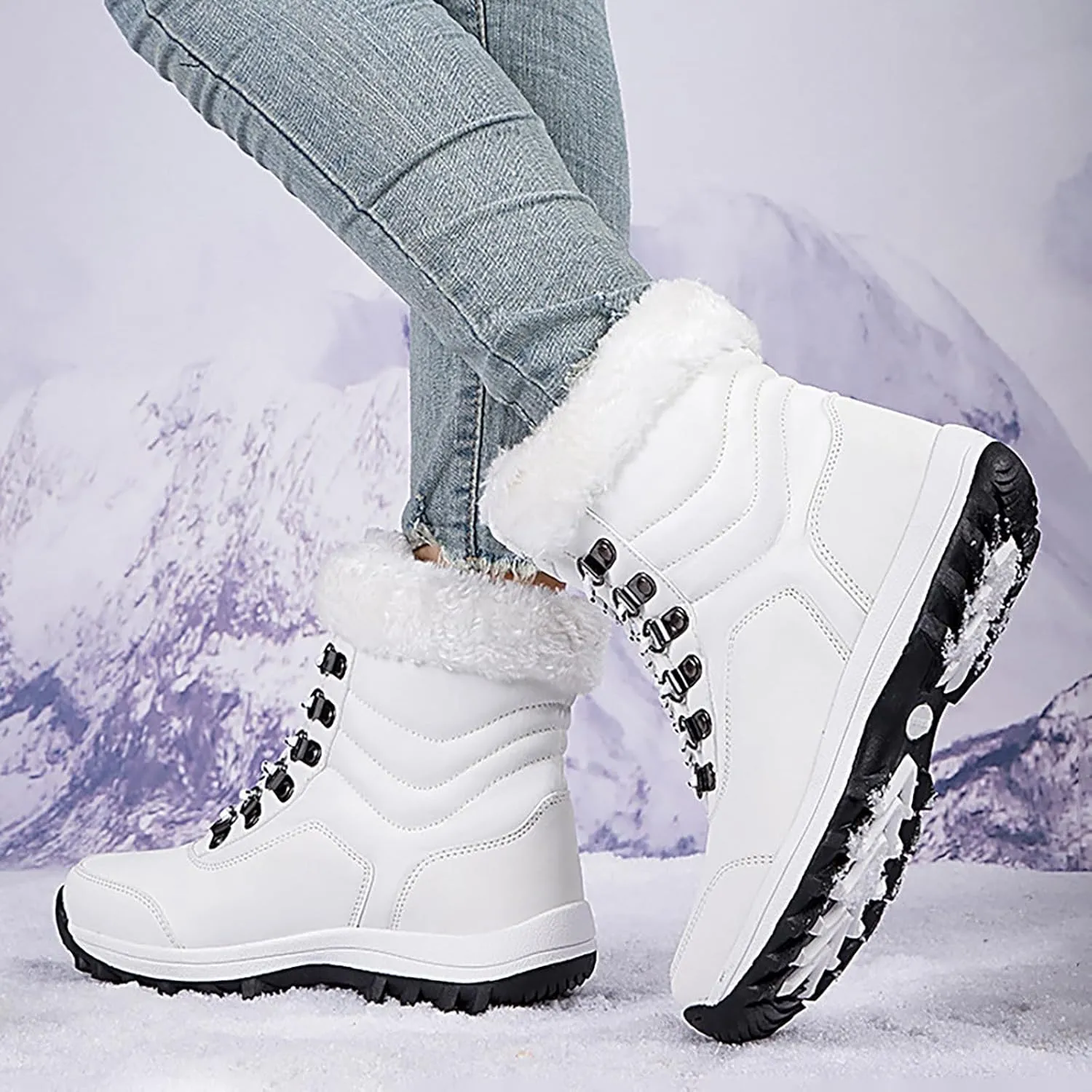 Snow Boots for Women Warm Winter Boots Lace Up Ankle Boots Waterproof Mid Calf Boots for Walking Hiking