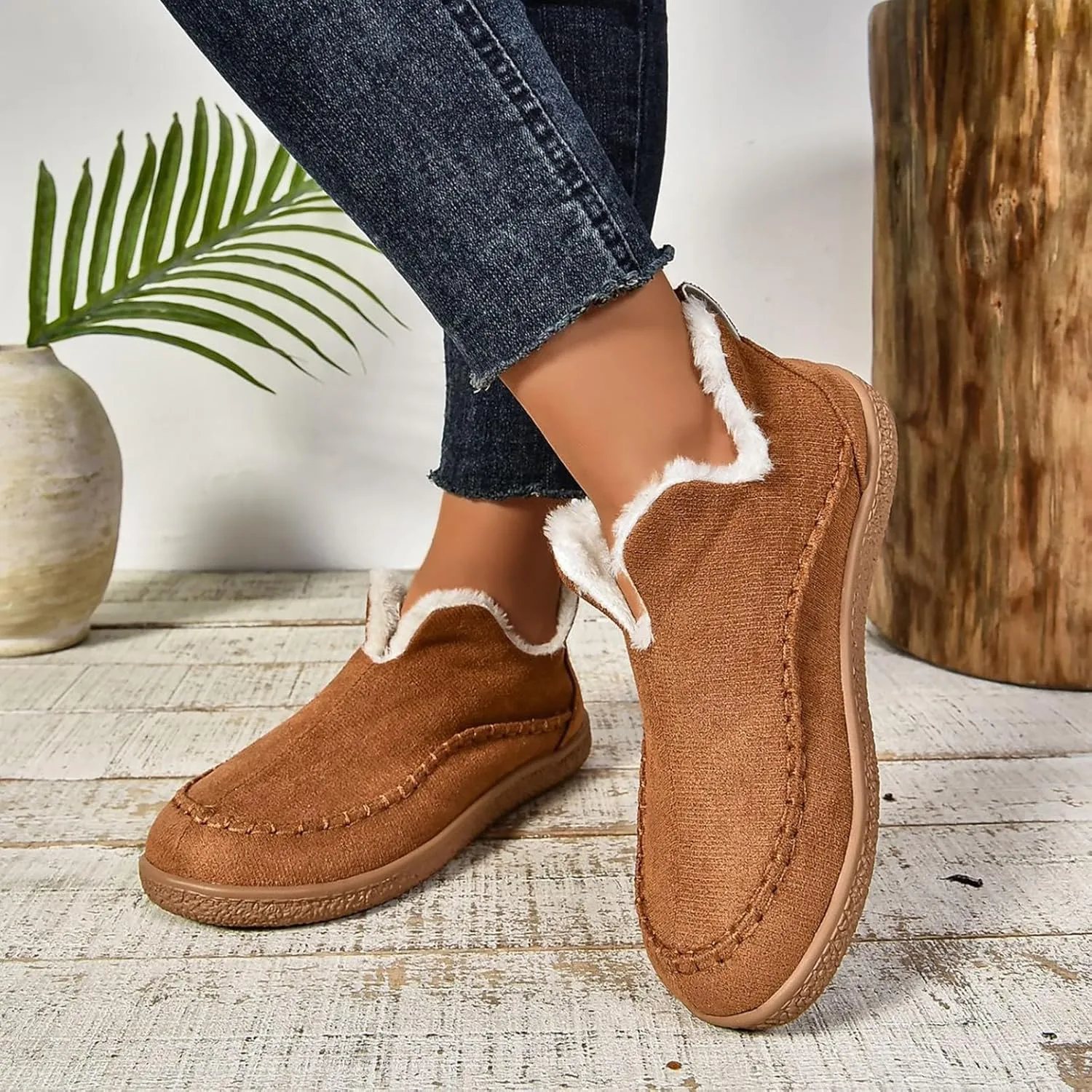 Snow Boots for Women Wide Width Warm Cotton Shoes Border Plush Lined Flat Wide Calf Snow Boots for Women