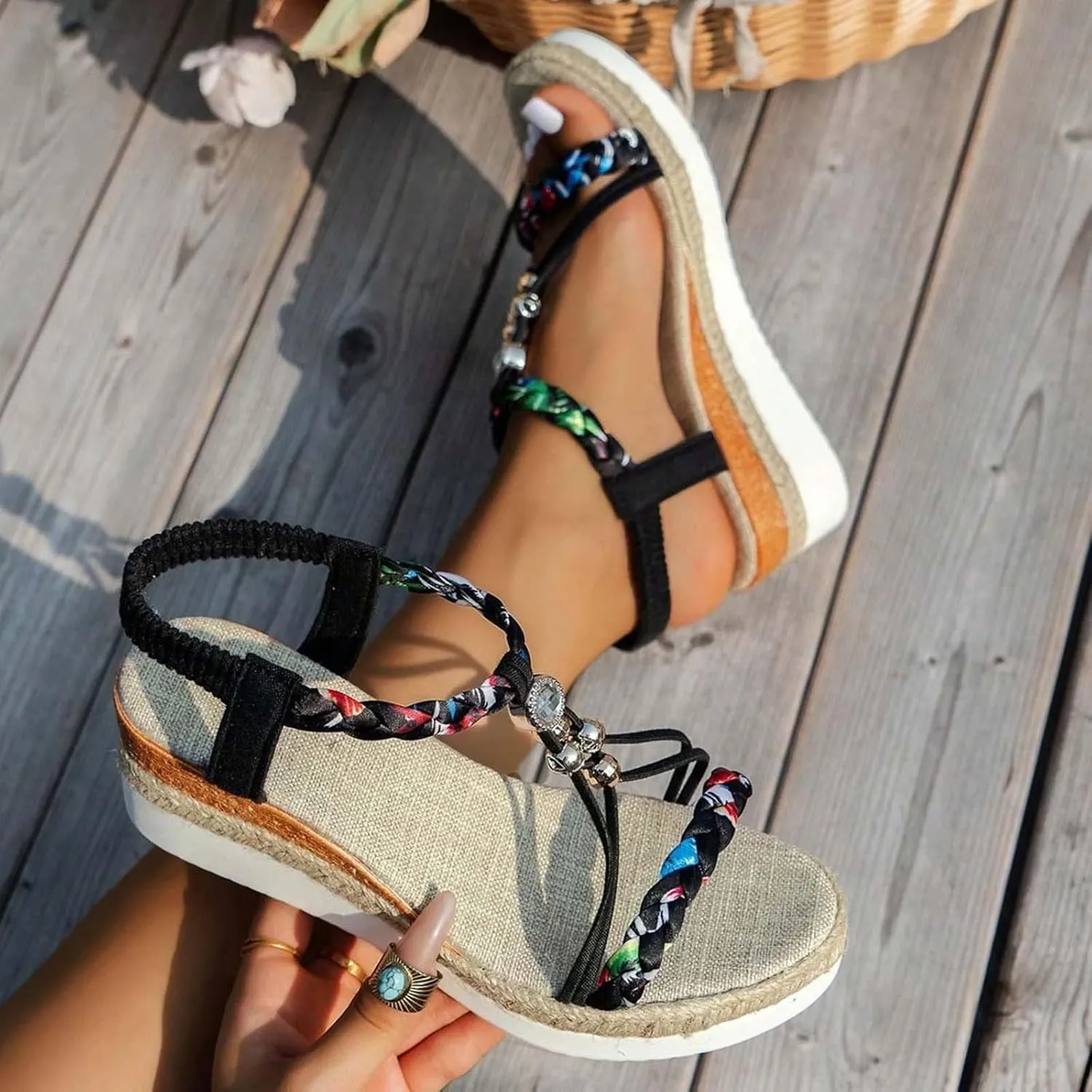 Spring And Summer Fashion Wedge Heel Thick Soled Shoes Heightening Women's Elastic Sandals with Bows for Women Size 12