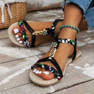 Strappy Sandals for Women 2025 Casual Bohemian Beach Sandal Orthopedic Wedges Ankle Strap Flip Flops Open Toe Jeweled Flat Shoes
