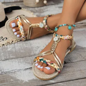 Strappy Sandals for Women 2025 Casual Bohemian Beach Sandal Orthopedic Wedges Ankle Strap Flip Flops Open Toe Jeweled Flat Shoes