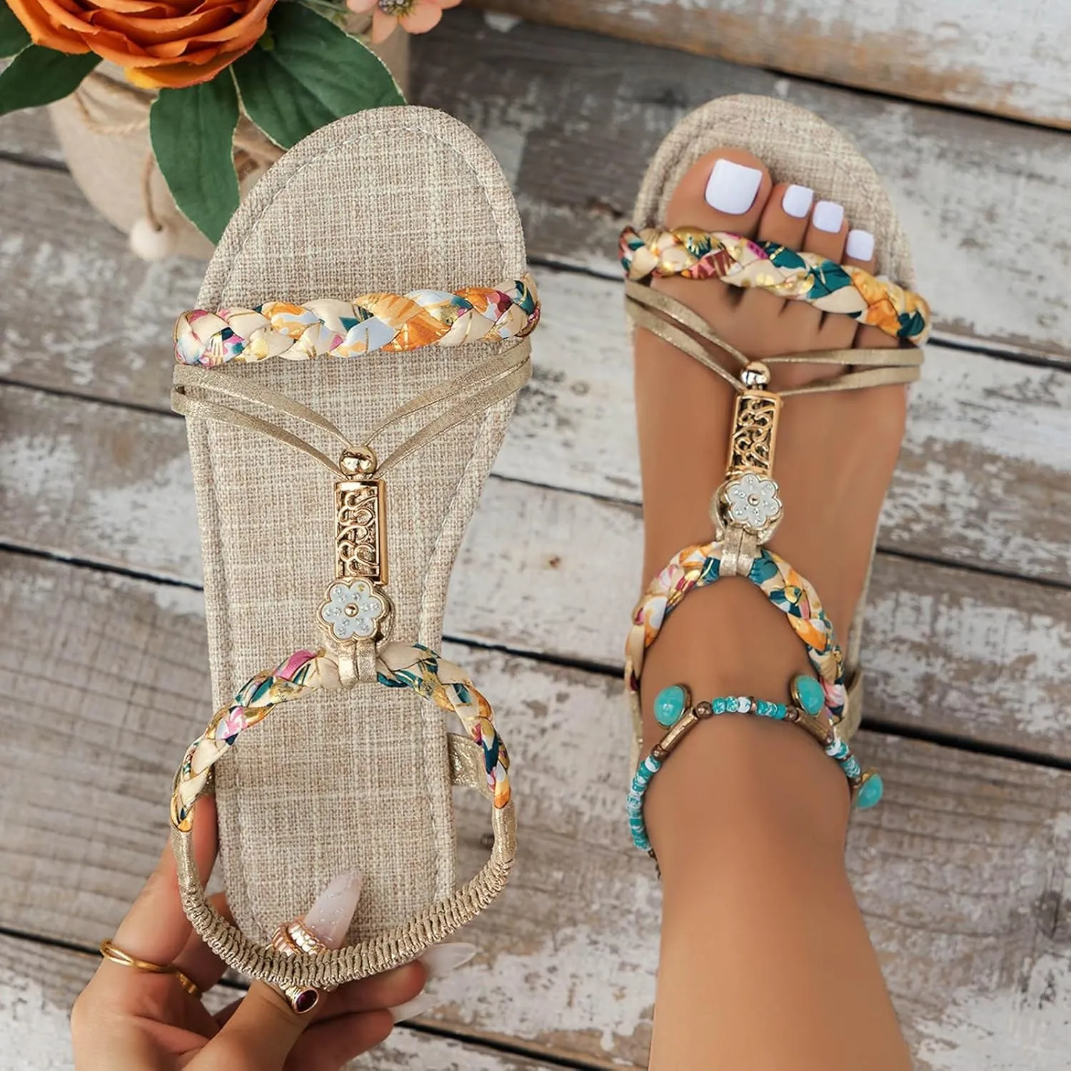 Strappy Sandals for Women 2025 Casual Bohemian Beach Sandal Orthopedic Wedges Ankle Strap Flip Flops Open Toe Jeweled Flat Shoes