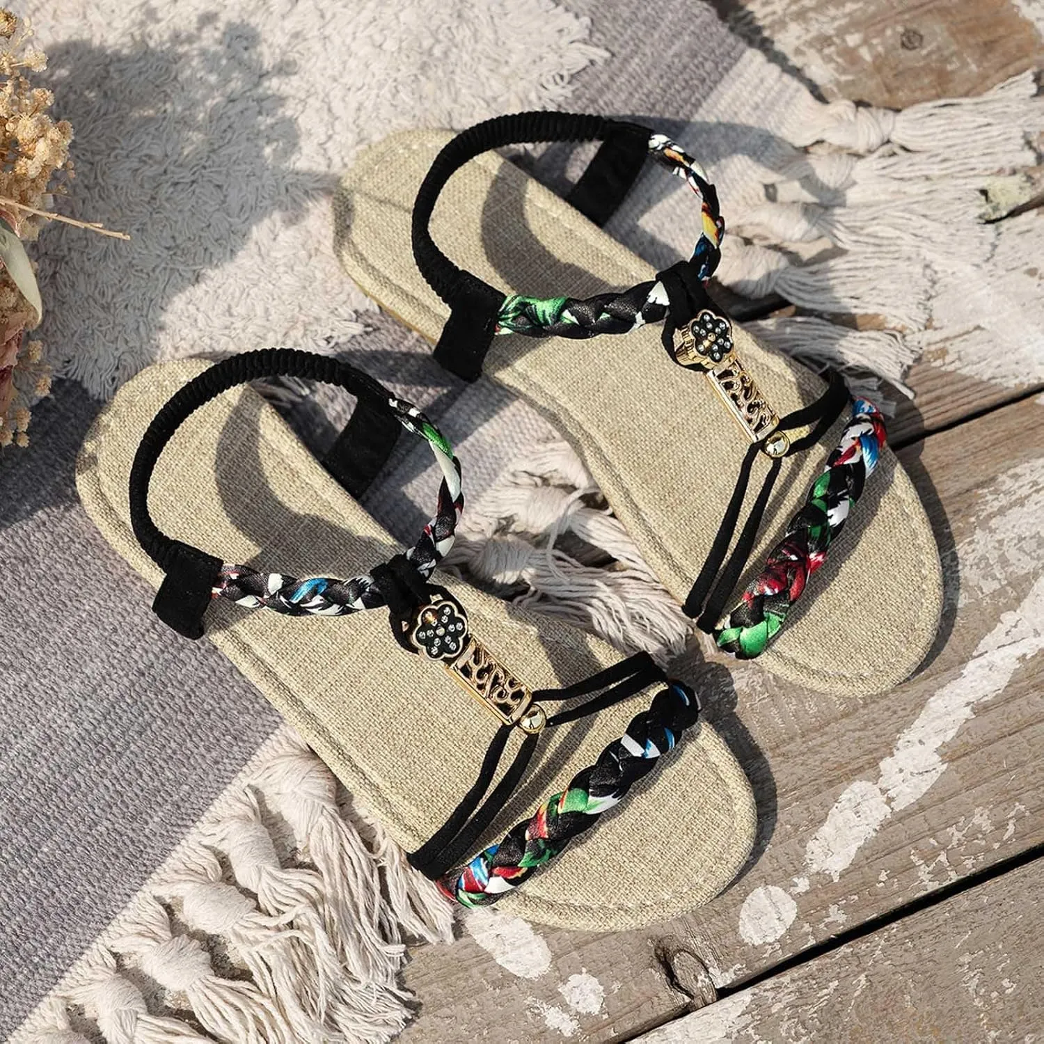 Strappy Sandals for Women 2025 Casual Bohemian Beach Sandal Orthopedic Wedges Ankle Strap Flip Flops Open Toe Jeweled Flat Shoes
