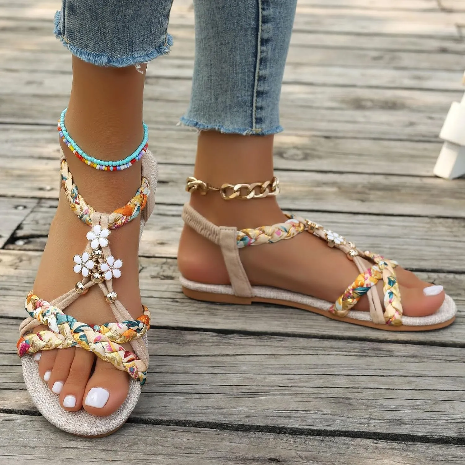 Summer Sandals for Women 2025 Boho Beach Shoes Vintage Wedge Wide Width with Arch Support Casual Bohemian Ankle Strap Open Toe Jeweled Flat Flip Flops Dressy Clip Leather T-Strap Flop Thong