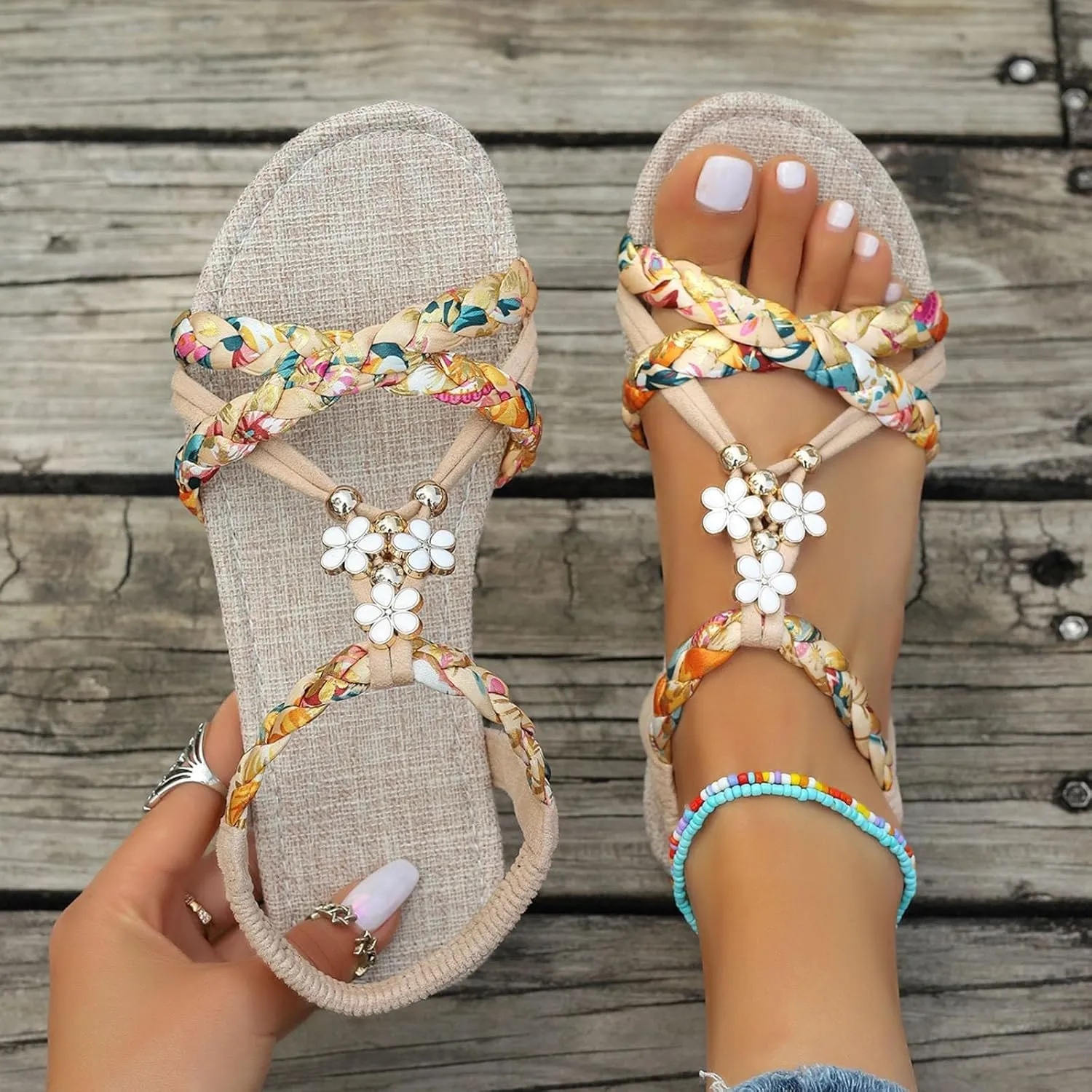 Summer Sandals for Women 2025 Boho Beach Shoes Vintage Wedge Wide Width with Arch Support Casual Bohemian Ankle Strap Open Toe Jeweled Flat Flip Flops Dressy Clip Leather T-Strap Flop Thong
