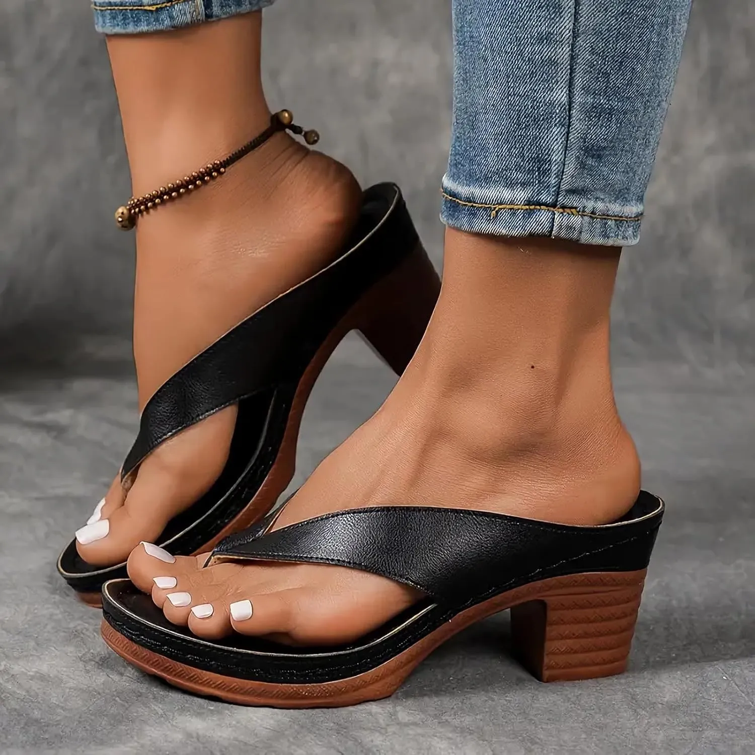 Summer Sandals for Women 2025 with Arch Support Women's Orthopedic Dressy Chunky Heel Flip Flops for Women Comfortable Slip-On Open Toe Heeled Casual Wedge Thong Sandals Bridal Party Wedding Shoes