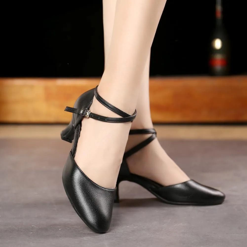 SWDZM Ballroom Dance Shoes Women Low Heel Closed Toe Latin Salsa Tango Character Practice Dance Shoes,Model DY-Leather-ZK