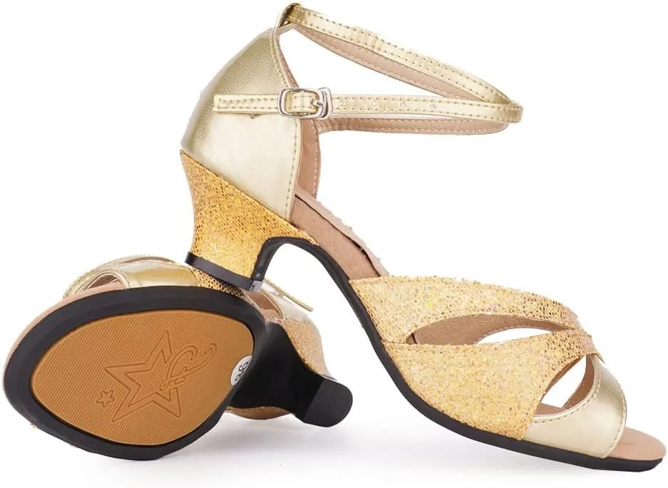 SWDZM Glitter Latin Dance Shoes for Women Salsa Bachata Ballroom Performance Dance Shoes Outdoor