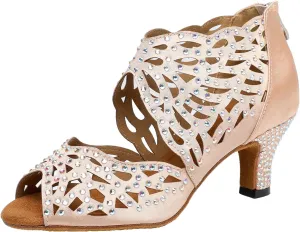 SWDZM Rhinestone Ballroom Dance Shoes Women Hollow Out Latin Dance Boots Low Heel