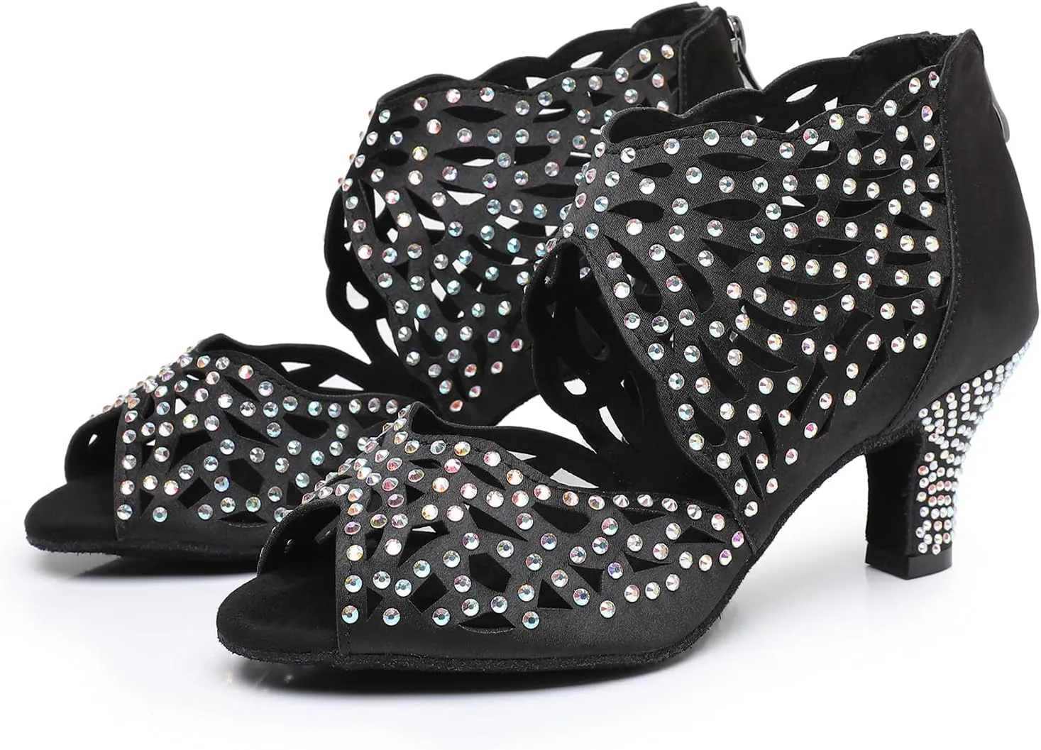 SWDZM Rhinestone Ballroom Dance Shoes Women Hollow Out Latin Dance Boots Low Heel
