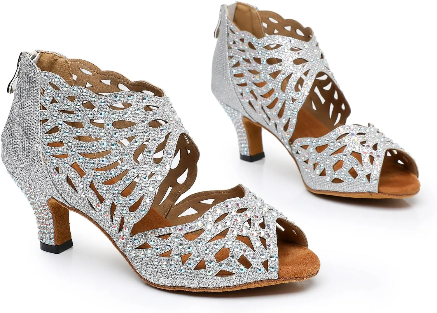 SWDZM Rhinestone Ballroom Dance Shoes Women Hollow Out Latin Dance Boots Low Heel
