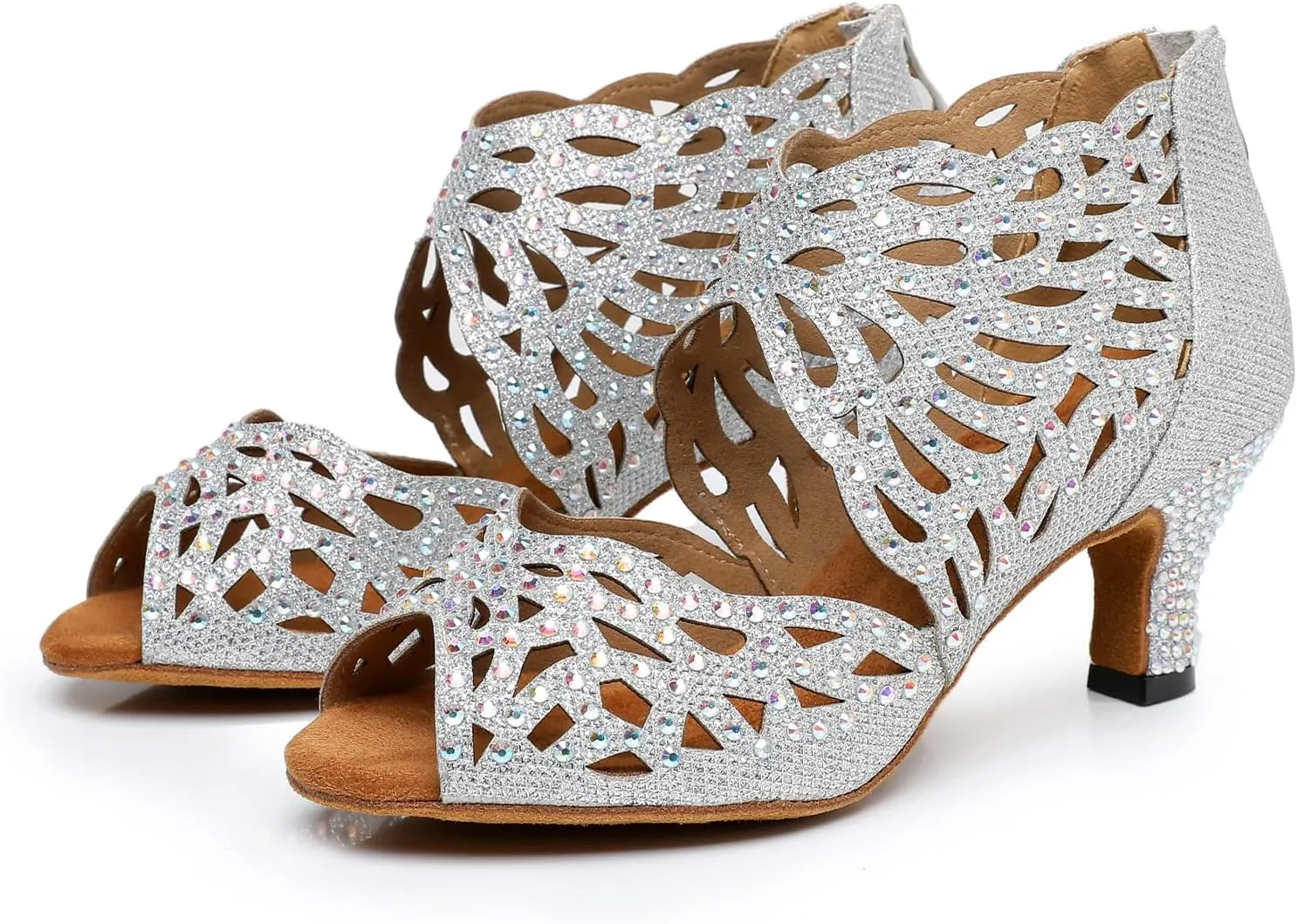SWDZM Rhinestone Ballroom Dance Shoes Women Hollow Out Latin Dance Boots Low Heel
