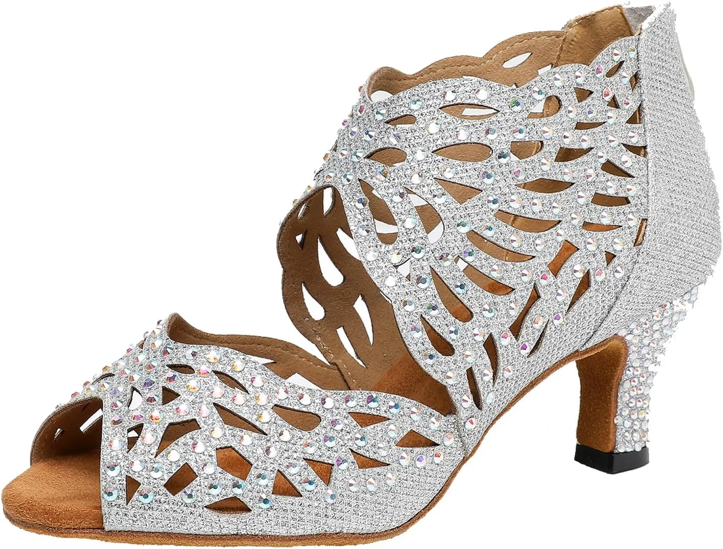 SWDZM Rhinestone Ballroom Dance Shoes Women Hollow Out Latin Dance Boots Low Heel