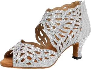 SWDZM Rhinestone Ballroom Dance Shoes Women Hollow Out Latin Dance Boots Low Heel