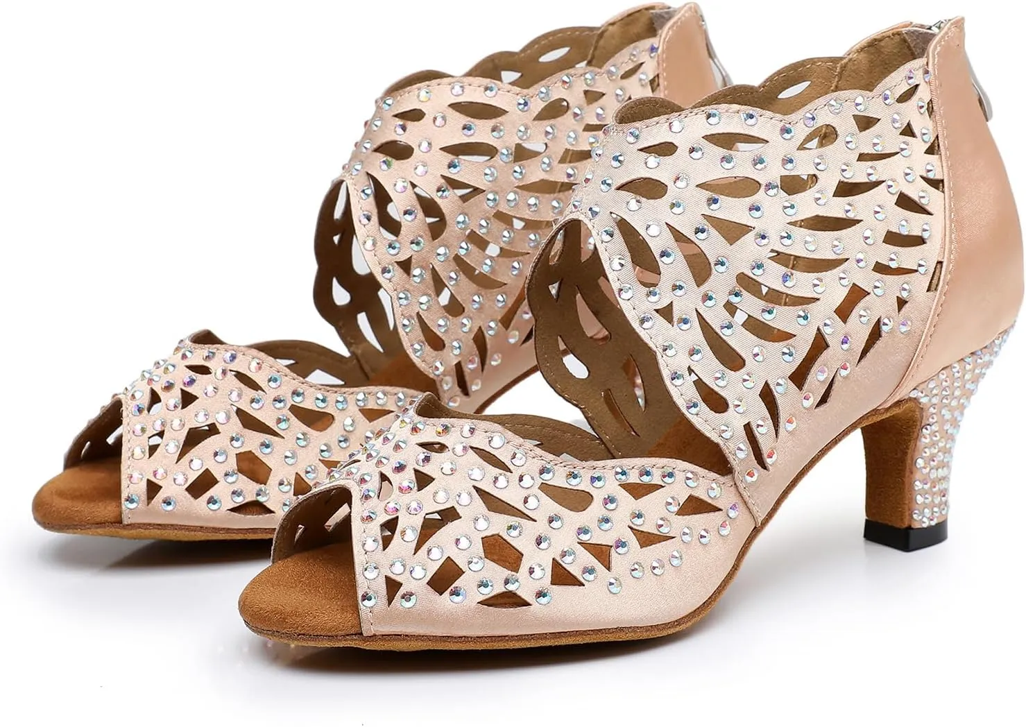 SWDZM Rhinestone Ballroom Dance Shoes Women Hollow Out Latin Dance Boots Low Heel