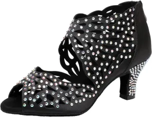 SWDZM Rhinestone Ballroom Dance Shoes Women Hollow Out Latin Dance Boots Low Heel