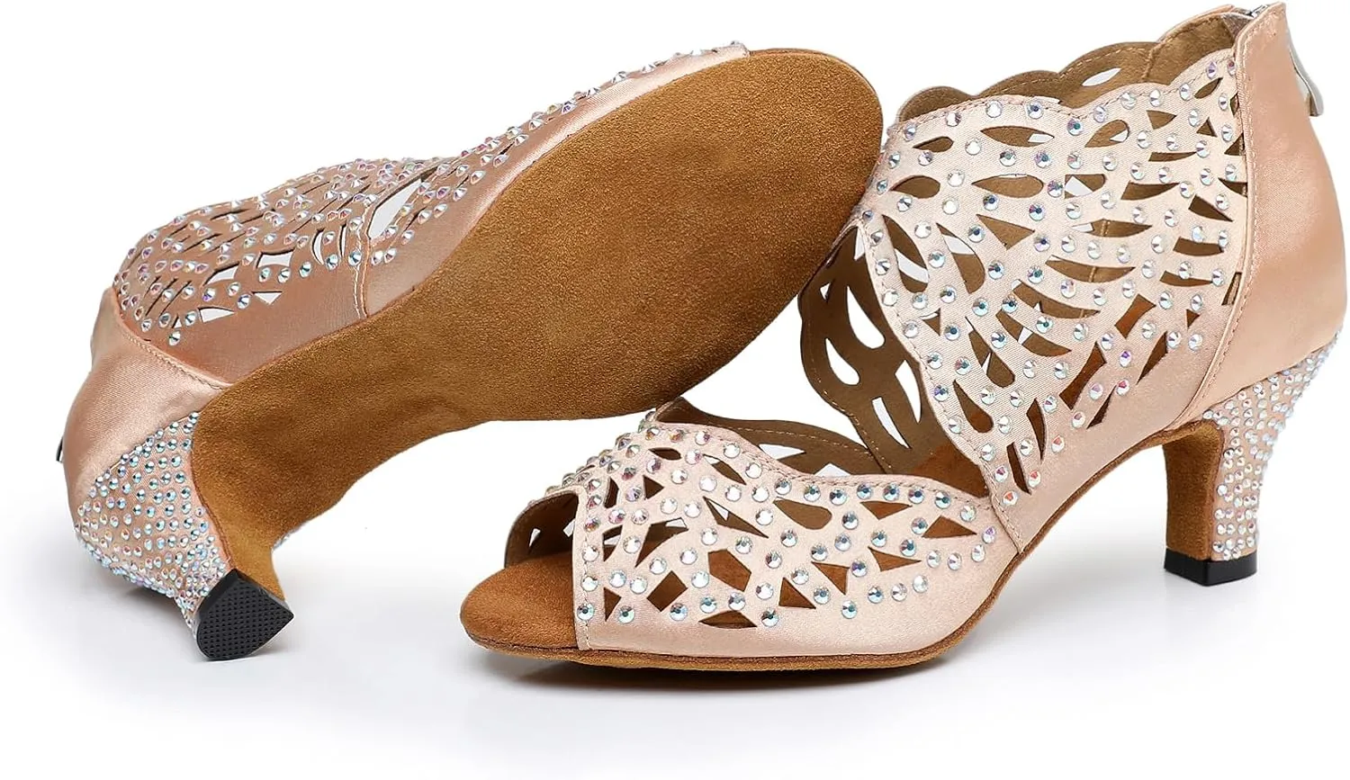 SWDZM Rhinestone Ballroom Dance Shoes Women Hollow Out Latin Dance Boots Low Heel