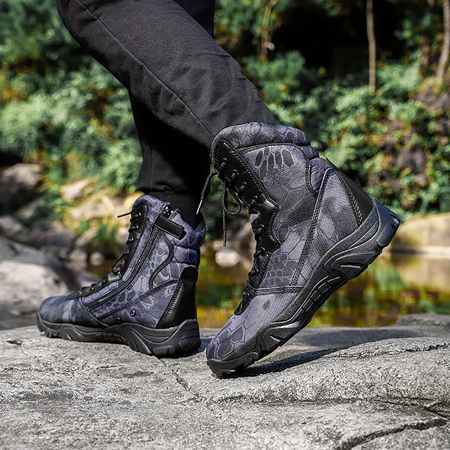 Tactical Combat Shoes for Men, Spring Summer Waterproof Soft and Comfort Breathable Woodland Camo Tactical Boots, for Outdoor Durable Rubber Sole Hiking Shoes
