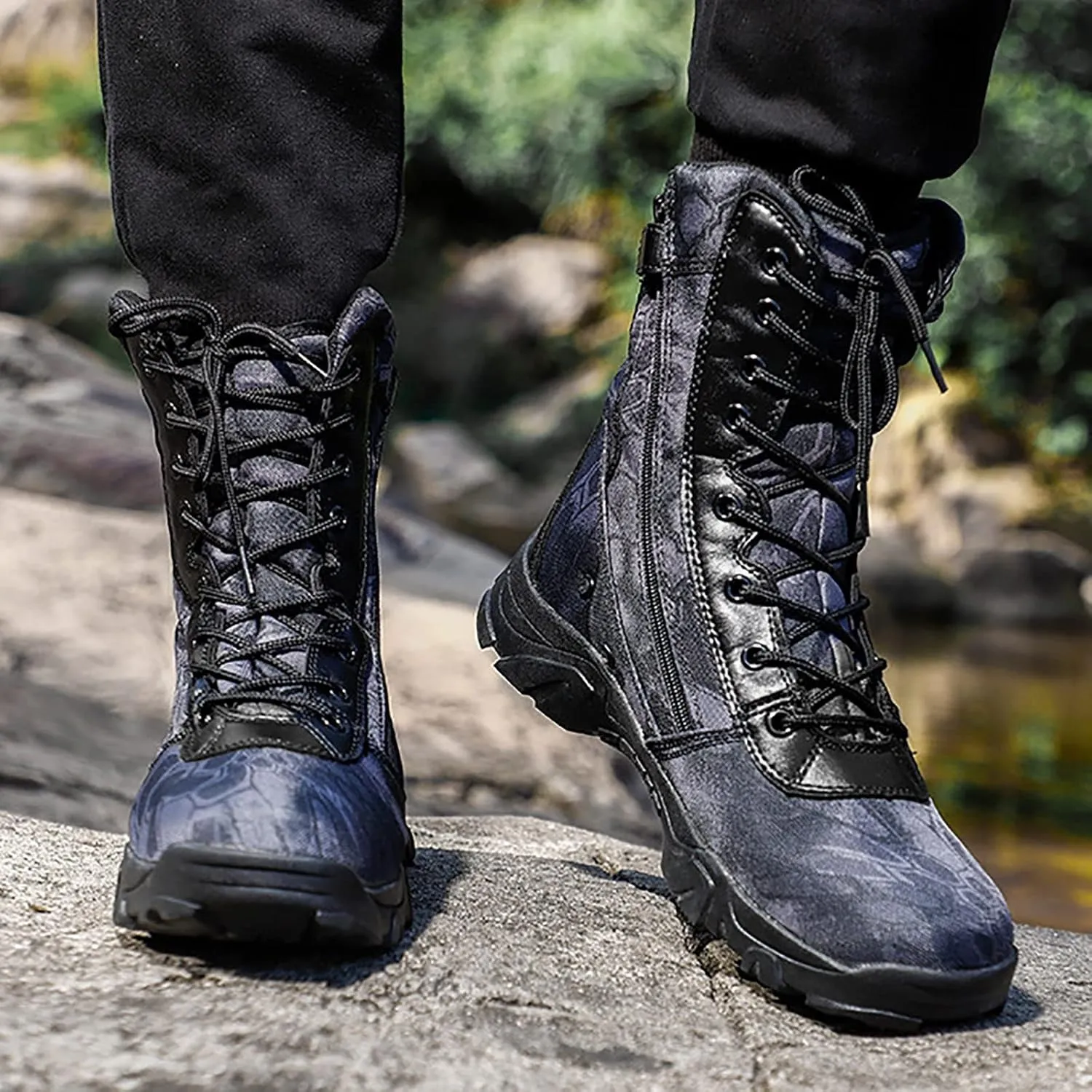 Tactical Combat Shoes for Men, Spring Summer Waterproof Soft and Comfort Breathable Woodland Camo Tactical Boots, for Outdoor Durable Rubber Sole Hiking Shoes